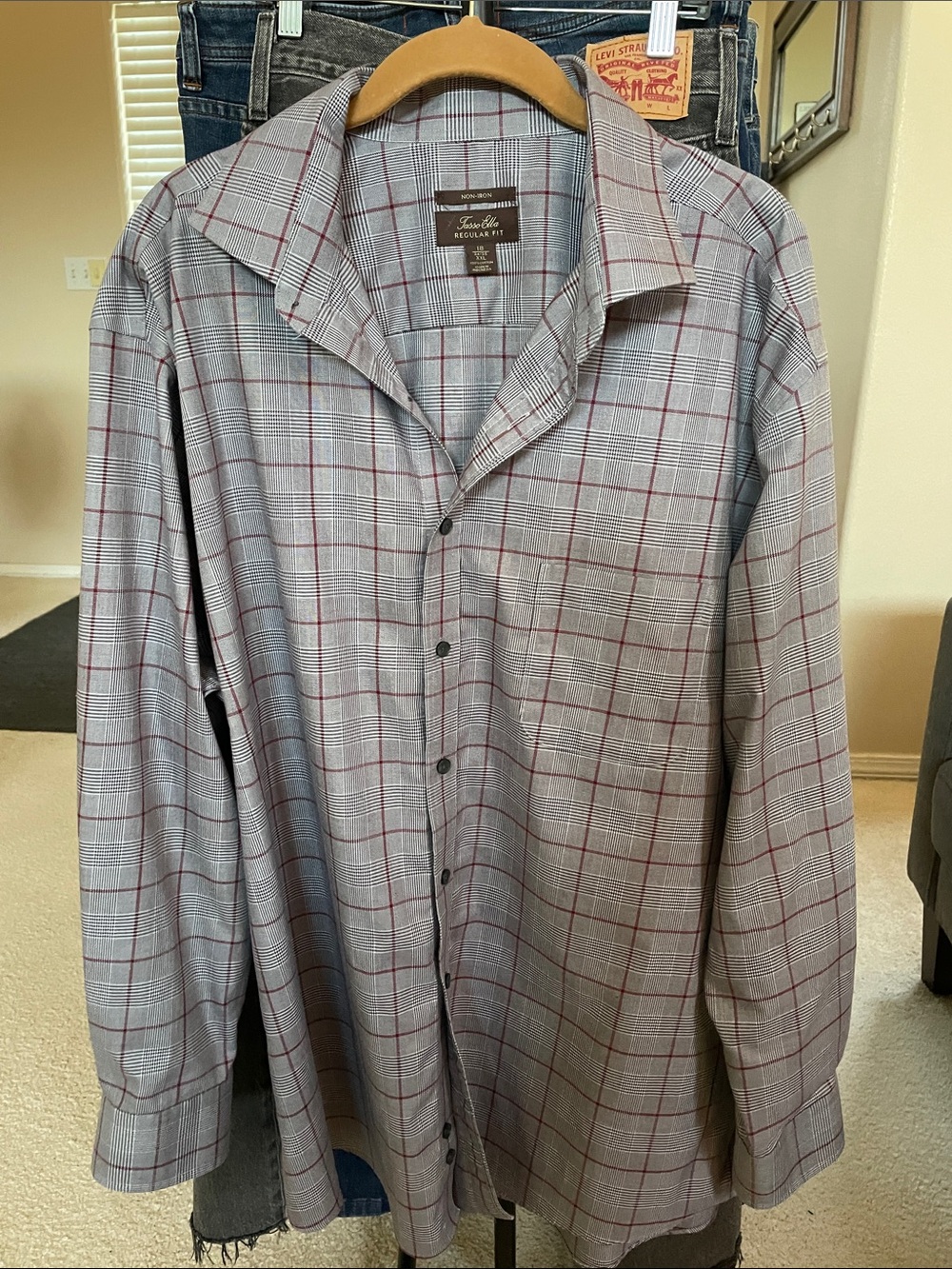 NWOT Tasso Elba Men's Gray Plaid Button-Down with Red Windowpane No Iron XXL